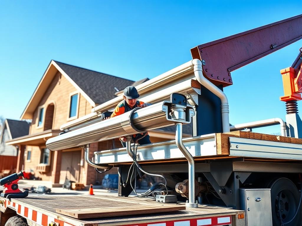 On-site seamless gutter fabrication machine producing custom metal gutters